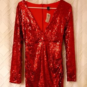 Red Sequins Long Sleeve Party Dress